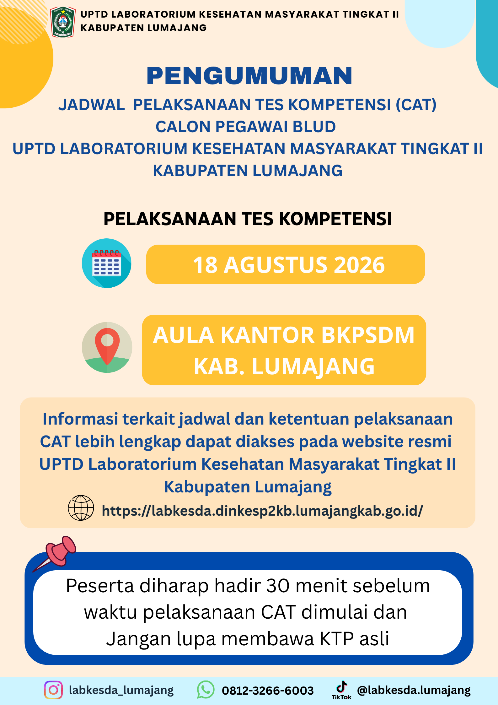 PENGUMUMAN JADWAL PELAKSANAAN KOMPETENSI TES CAT BAGI CALON PEGAWAI BLUD UPTD LABORATORIUM KESEHATAN