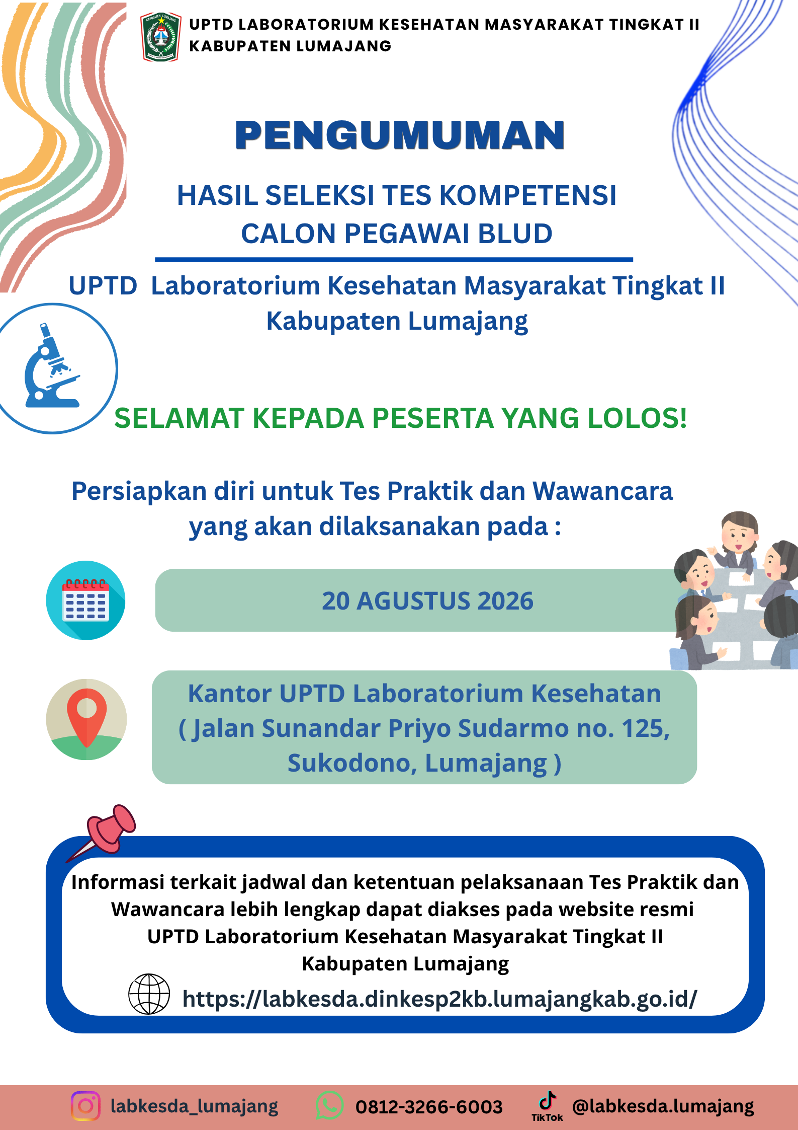 PENGUMUMAN HASIL SELEKSI TES KOMPETENSI CAT CALON PEGAWAI BLUD UPTD LABORATORIUM KESEHATAN MASYARAKA