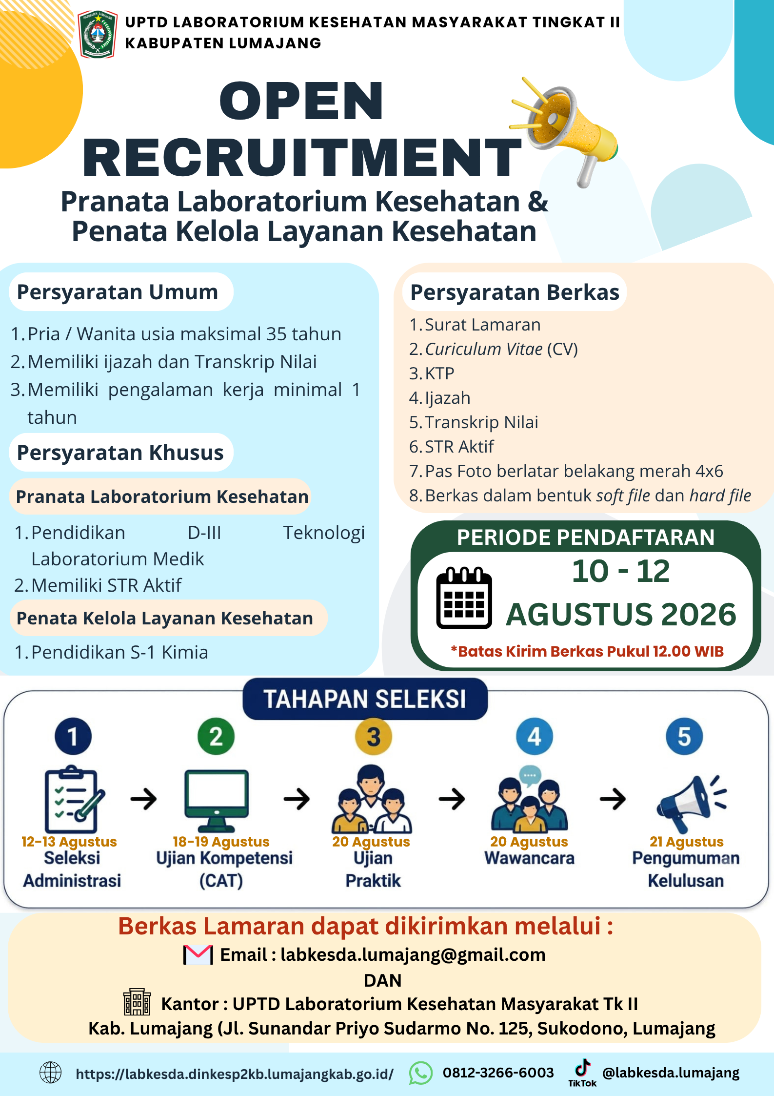 PENGUMUMAN OPEN RECRUITMENT TENAGA BLUD UPT LABORATORIUM KESEHATAN MASYARATAK TINGKAT II KABUPATEN L