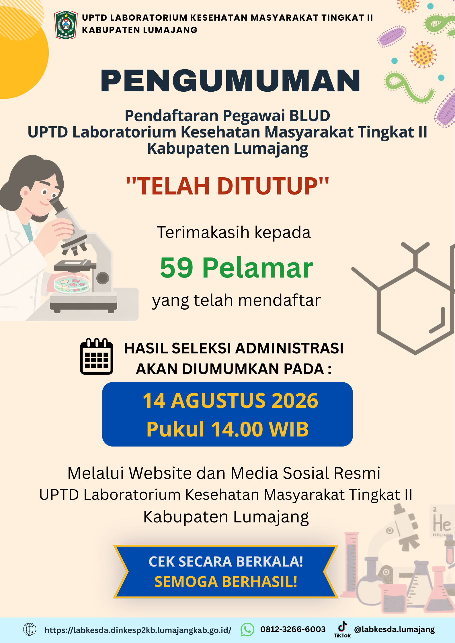 PENGUMUMAN PENDAFTARAN PEGAWAI BLUD UPTD LABORATORIUM KESEHATAN MASYARAKAT TINGKAT II KABUPATEN LUMA